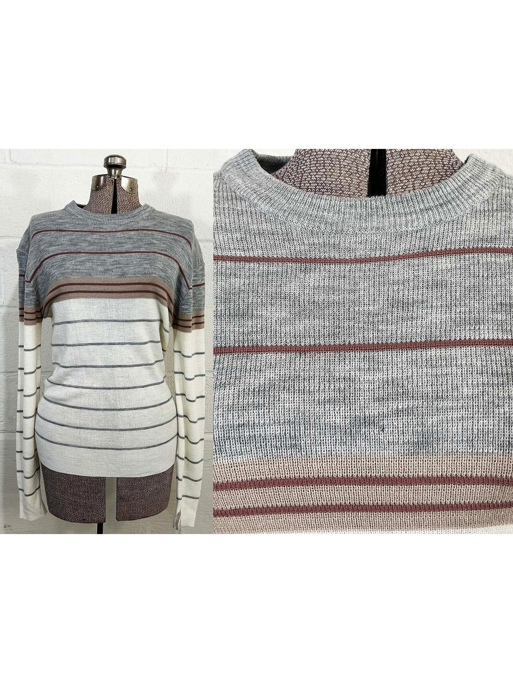 Vintage Striped Gray & White Lightweight Sweater 1980s 1990s Large Medium